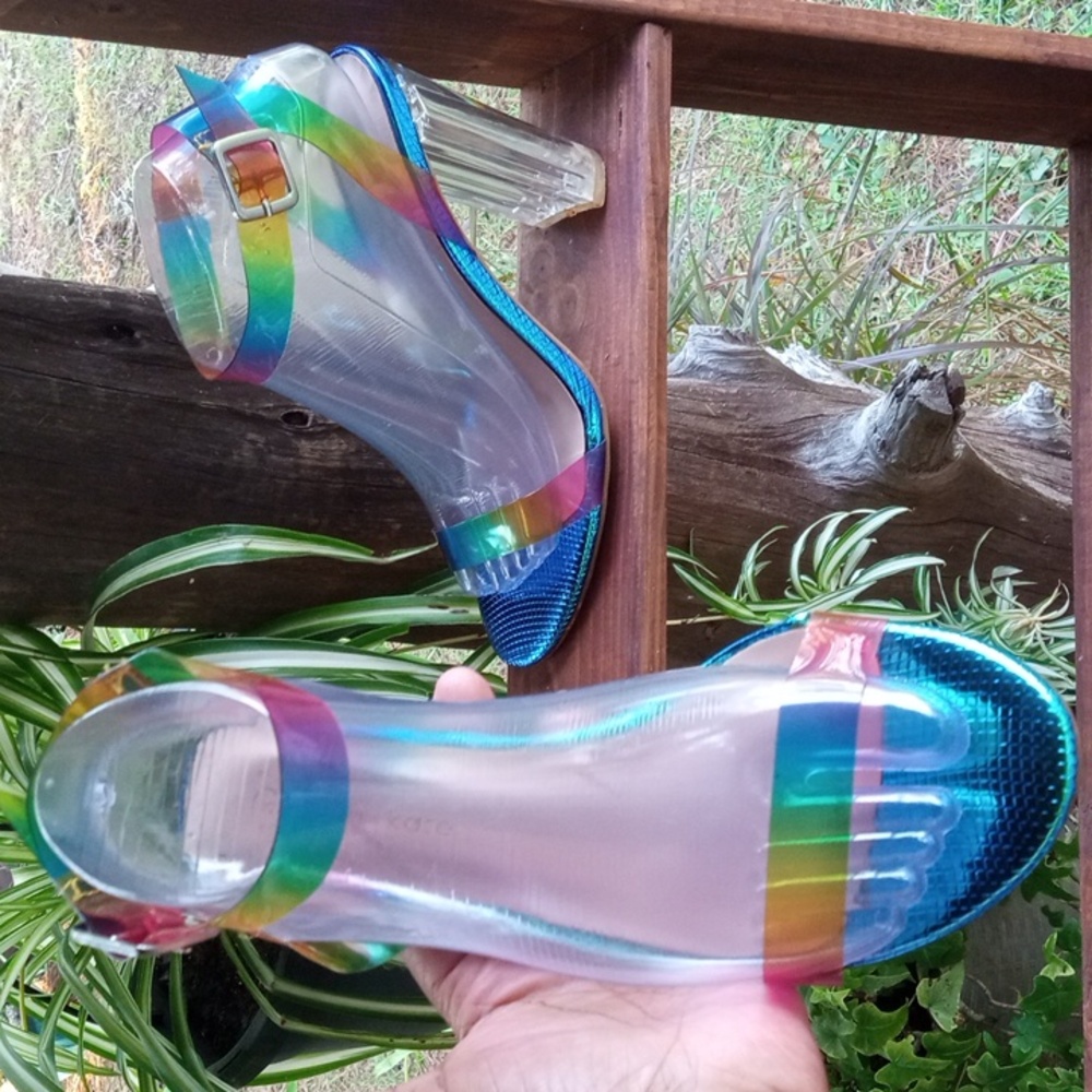 Olivia + Kate chunky block clear heel rainbow ombre turquoise strappy sandal